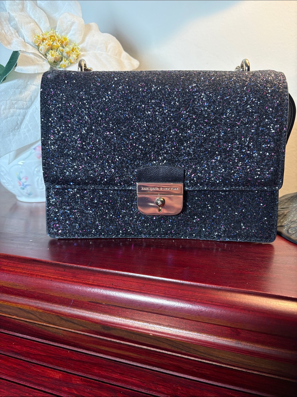 kate spade Black Glitter Chain Crossbody Bag with Gold-Tone Hardware